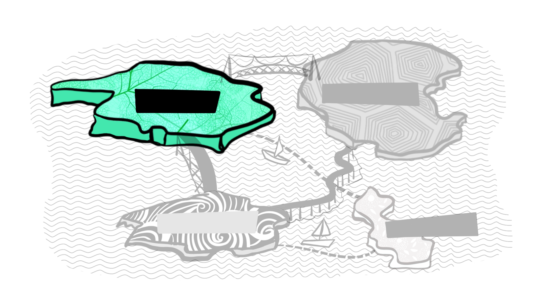 Mappa delle quattro isole tematiche con il focus sull'isola Verde di quartiere; le altre isole sono spente in grigio