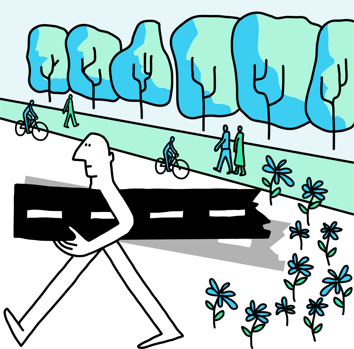 Illustrazione: una persona cammina portando via un pezzo di asfalto, attorno spuntano fiori e una pista ciclabile
