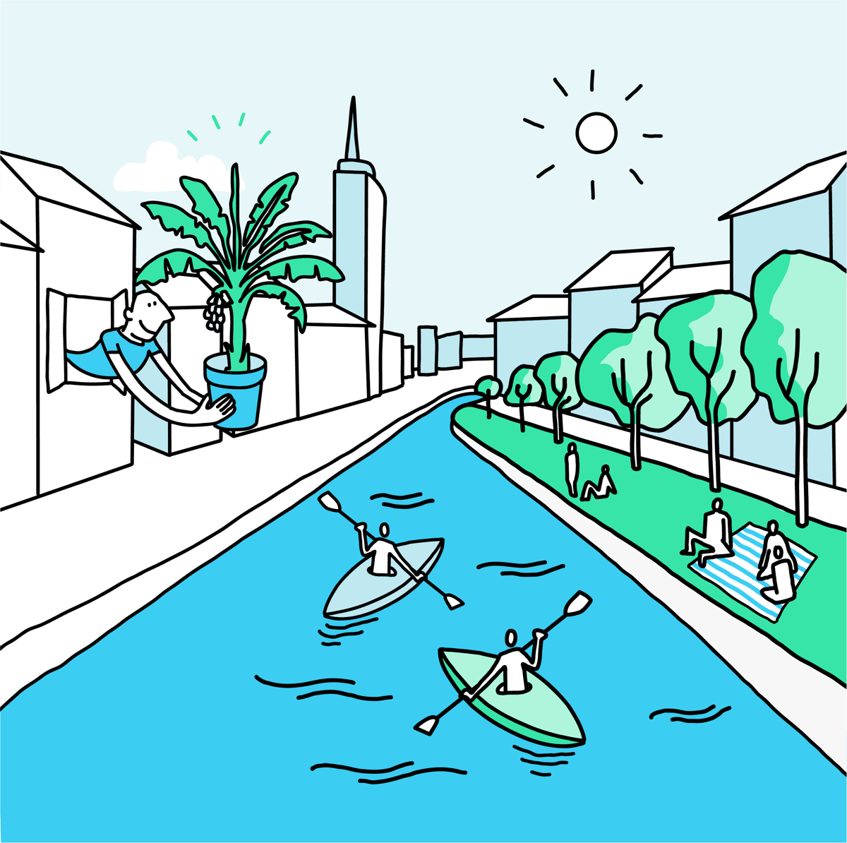 Illustrazione: i navigli diventati balneabili con persone in kayak, qualcuno regala piante dalla finestra