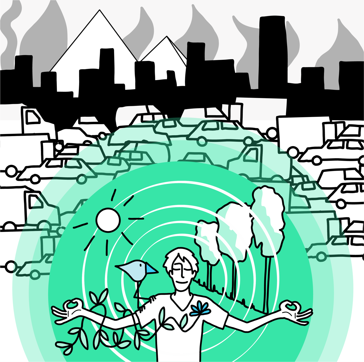 Illustrazione: una persona medita nel verde mentre lo smog e il traffico restano fuori dal cerchio di freschezza