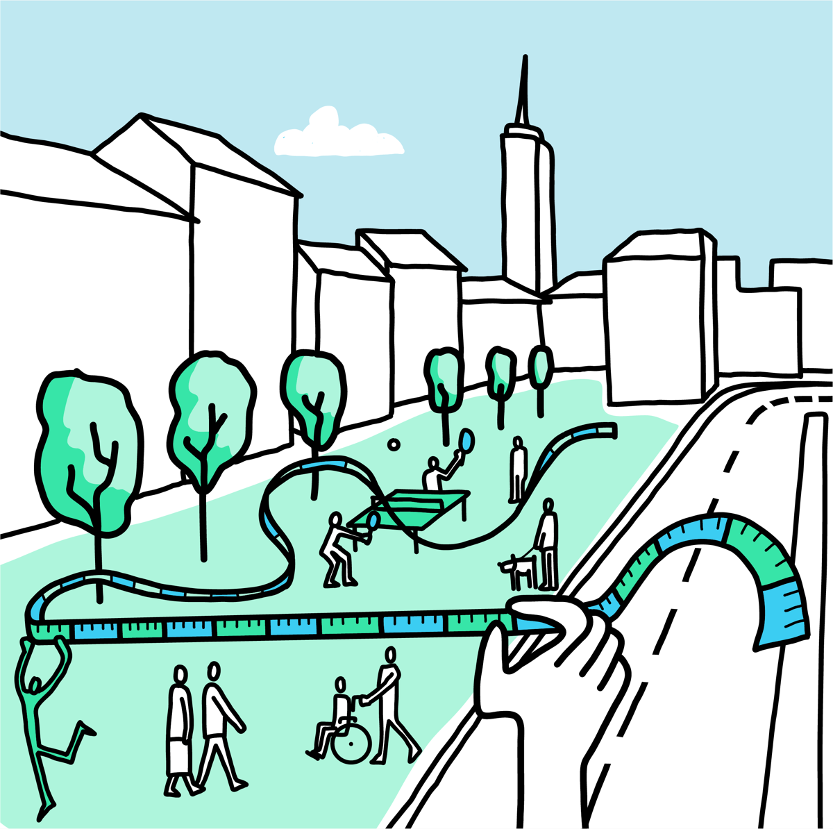 Illustrazione: un parco con persone a piedi e in carrozzina, una mano srotola un metro come fosse una pista