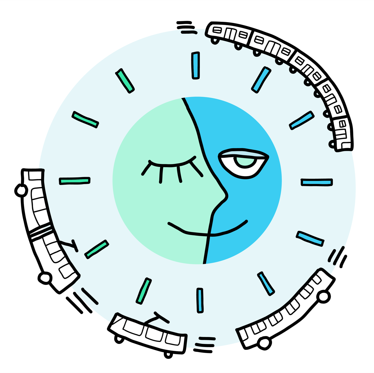 Illustrazione: un volto-orologio circondato da tram e bus, i mezzi pubblici attivi fino a notte