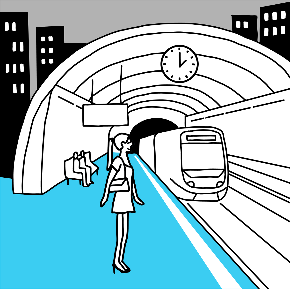 Illustrazione: una donna sola sulla banchina della metro di notte, l'orologio segna l'ora tarda