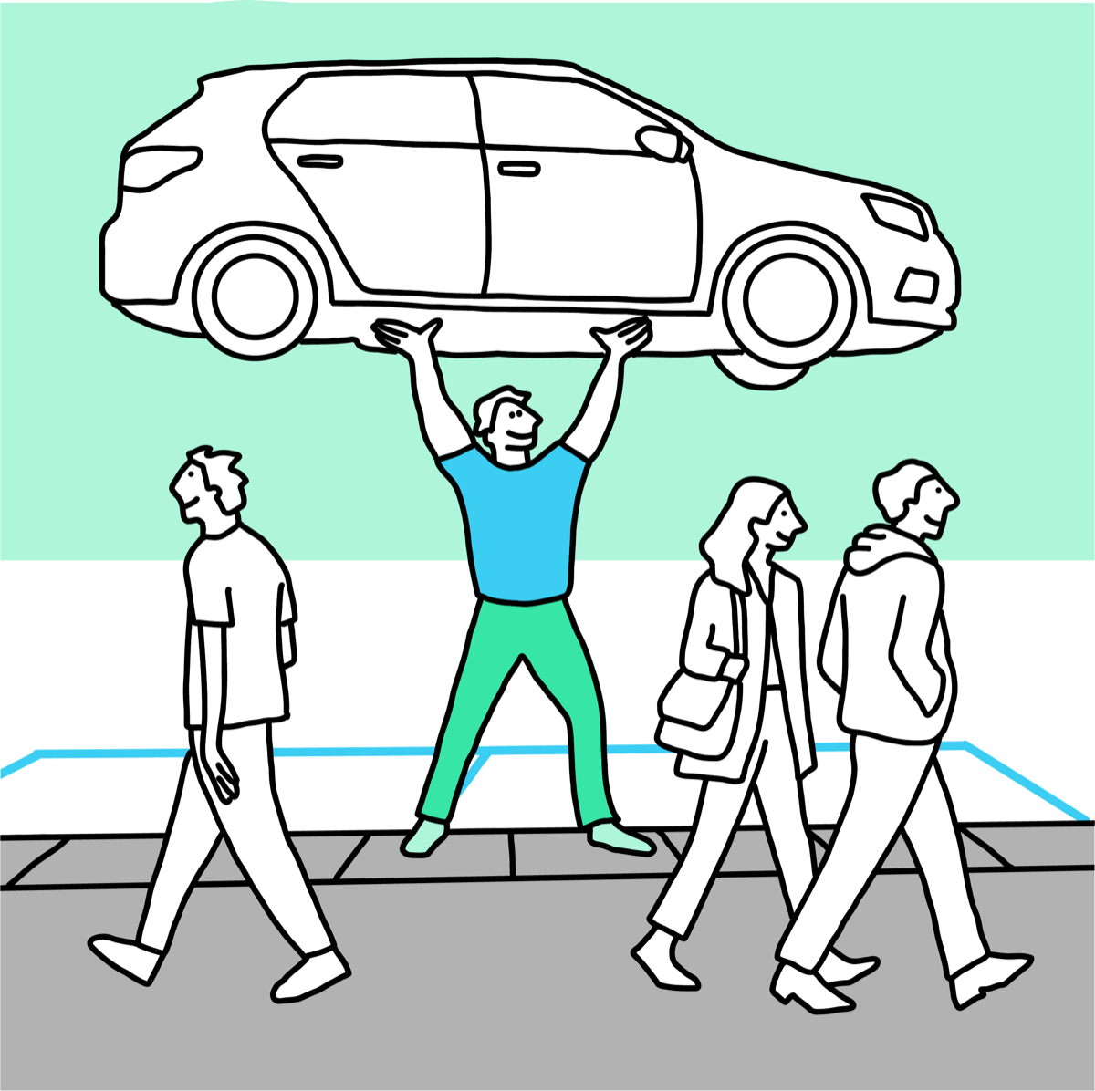 Illustrazione: una persona solleva un'auto sopra la testa per liberare il marciapiede ai pedoni