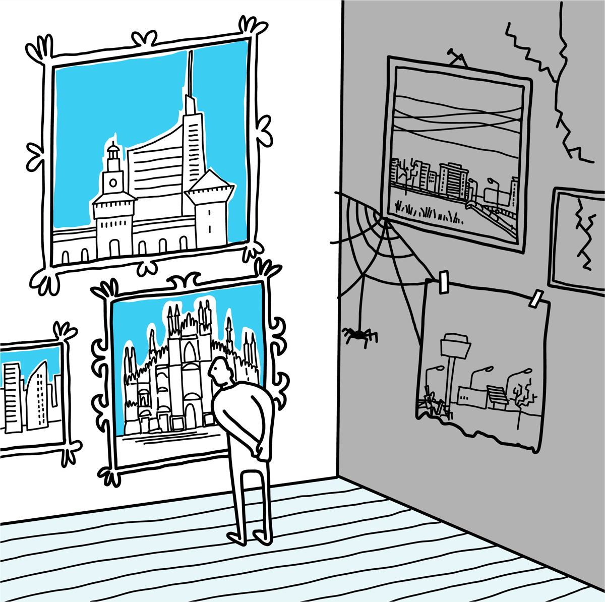 Illustrazione: una persona osserva quadri della città riqualificata, accanto a una stanza vecchia e ragnatele