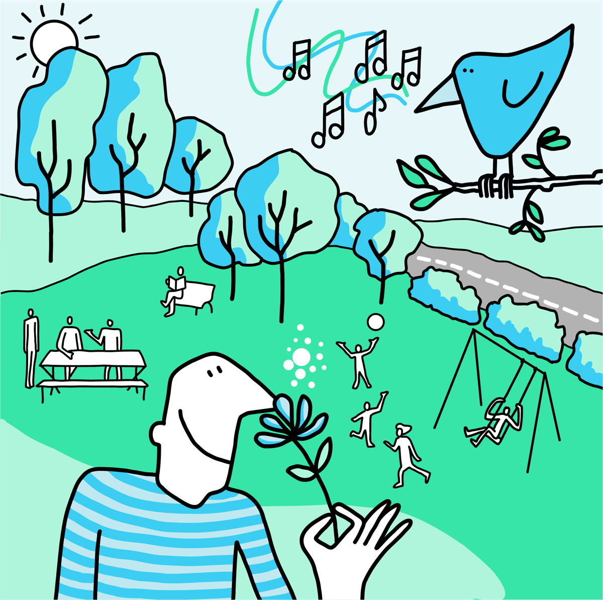 Illustrazione: una persona in un parco annusa un fiore, alberi, panchine, bambini che giocano, un uccellino che canta