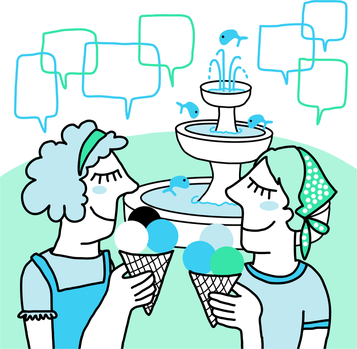 Illustrazione: due persone mangiano un gelato vicino a una fontana con i pesciolini, nuvolette di chiacchiere