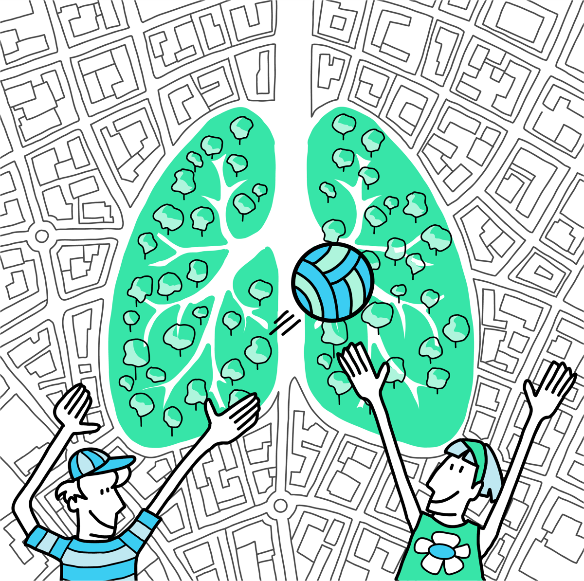 Illustrazione: due polmoni verdi pieni di alberi sovrapposti alla mappa della città, due persone protese verso l'alto